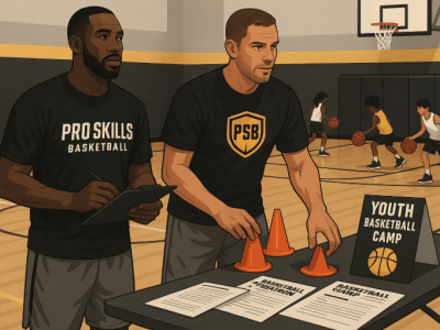 Two former pro basketball players set up a youth basketball camp in a gym with kids dribbling in the background and registration flyers on a table.